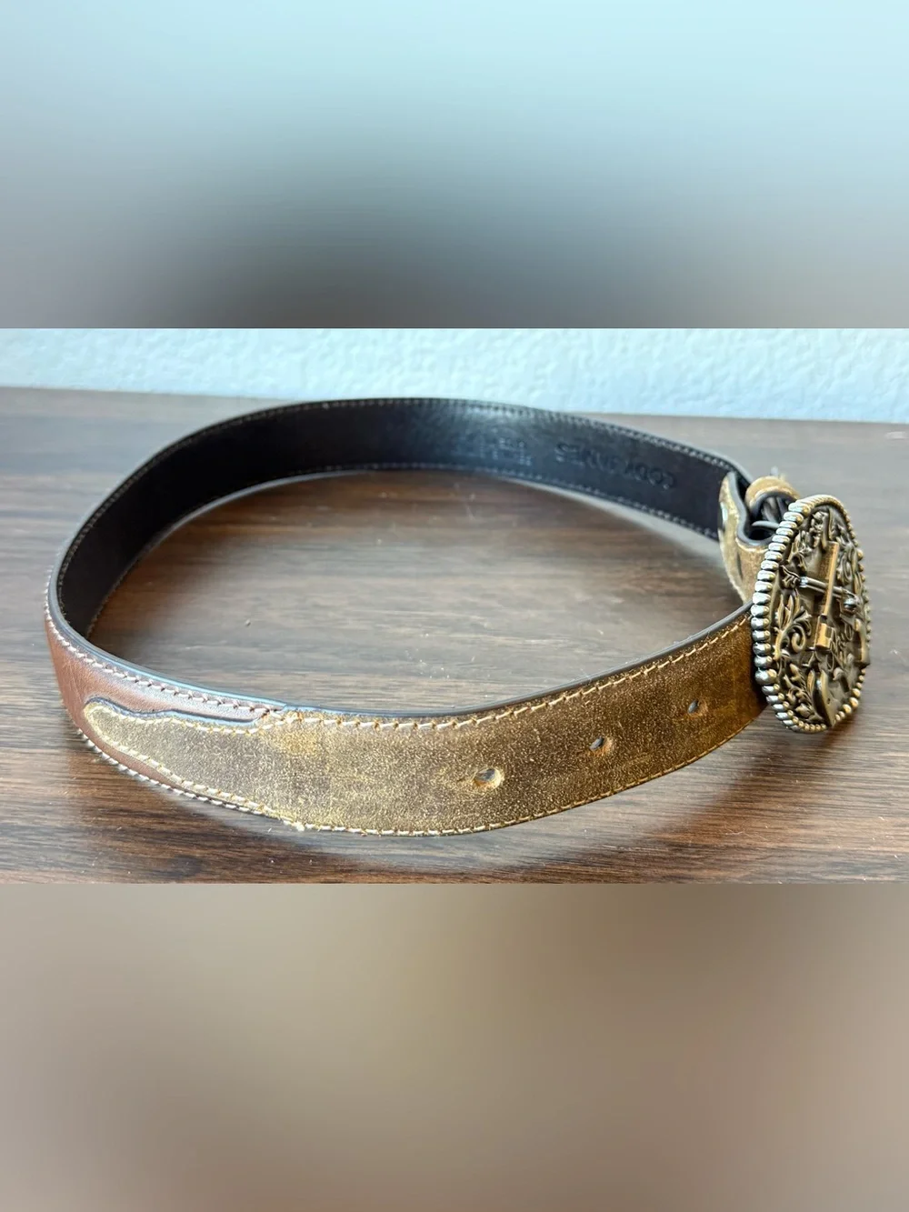 Women's Tan Leather Belt with Ornate Silver Western Buckle Size 24
